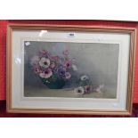 Louise Torrington: a framed watercolour still life with bowl of flowers - signed - worm holes