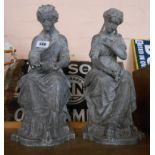 A pair of old French spelter figures depicting classical style maidens - signed Bouret