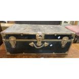 A vintage metal bound travelling trunk - internal tray missing