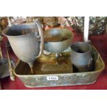 A small selection of metal items comprising Eastern embossed dish, plated trophies, etc.