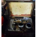 A Victorian rosewood work box (for restoration) containing a James Dixon Cornish pewter cruet set