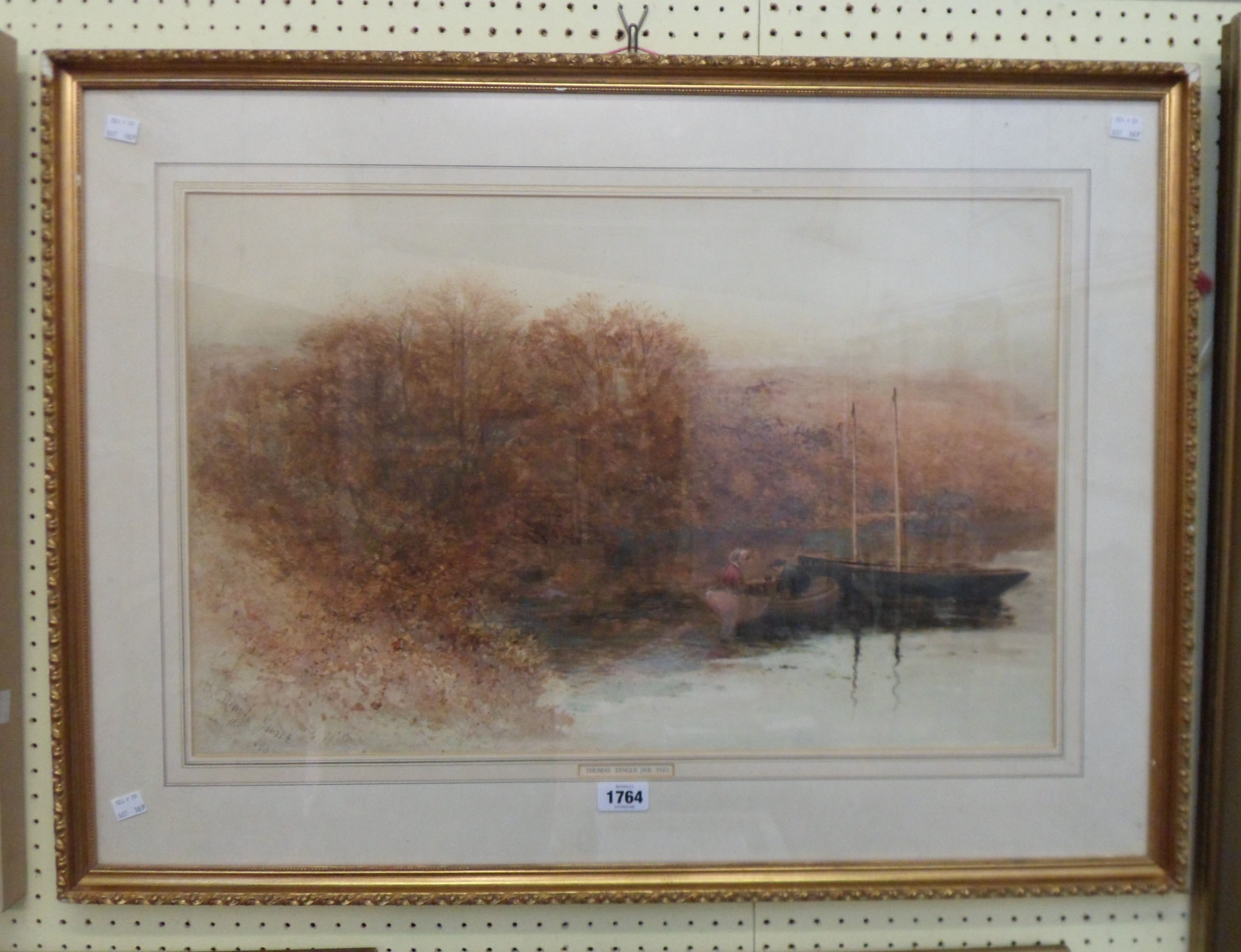 Thomas Dingle Jnr.: a gilt framed watercolour, depicting figures and boats on a river - signed and