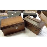 A rosewood veneered and mother-of-pearl inlaid sarcophagus form tea caddy - sold with another wooden