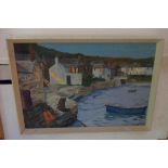 Justin Blake: a painted framed vintage acrylic on board, depicting waterside buildings - signed