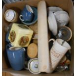 A large box containing a selection of assorted ceramics and glassware including Poole Pottery part