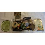 A small tub of assorted collectable items including Colombia gramophone needle tin, advertising