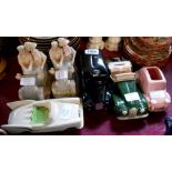 Six ceramic novelty car models including money boxes, etc.