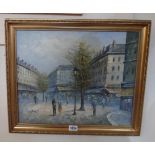Caroline Burnett: a gilt framed 1950 oil on canvas, depicting a Parisian street scene - American
