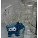 Five pieces of cut and moulded glassware including large basket, elephant ashtray, etc.