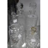 A small selection of glassware including pair of spirit decanters, lidded box, etc.
