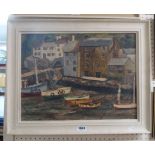 A painted framed oil on board scene of a Westcountry harbour - indistinctly signed