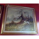 pictures A gilt and hessian framed oil on canvas, depicting a pointer dog and game bird in a