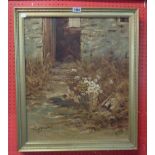 †Chadwick: a gilt framed oil on canvas, depicting a tub of flowers and weeds outside a cottage