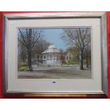 †Peter J. Carter: a silvered framed acrylic painting, depicting figures close to a bandstand with