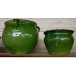 A large Sussex pottery green glazed three handled jardiniere - sold with a smaller similar - various