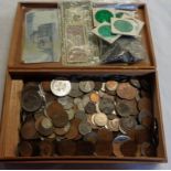 A cigar box containing assorted GB and other coins, banknotes, medals, etc.