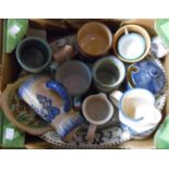 A box containing a quantity of assorted ceramics including Quimper studio pottery, etc.