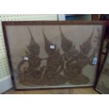 Two framed Far Eastern pyrograph pictures, one depicting temple musicians, the other a dragonboat