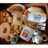 A box containing assorted Goss Crested china items including lobster pot, wall pocket, St Catherines