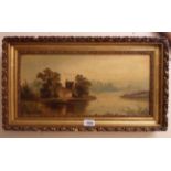 A gilt framed early 20th Century oil on canvas, depicting buildings on an island in a river