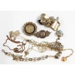 Various silver and white metal jewellery items including brooches, pendant and chains