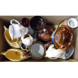 A box containing assorted ceramic items including Staffordshire copper lustre ware, etc.