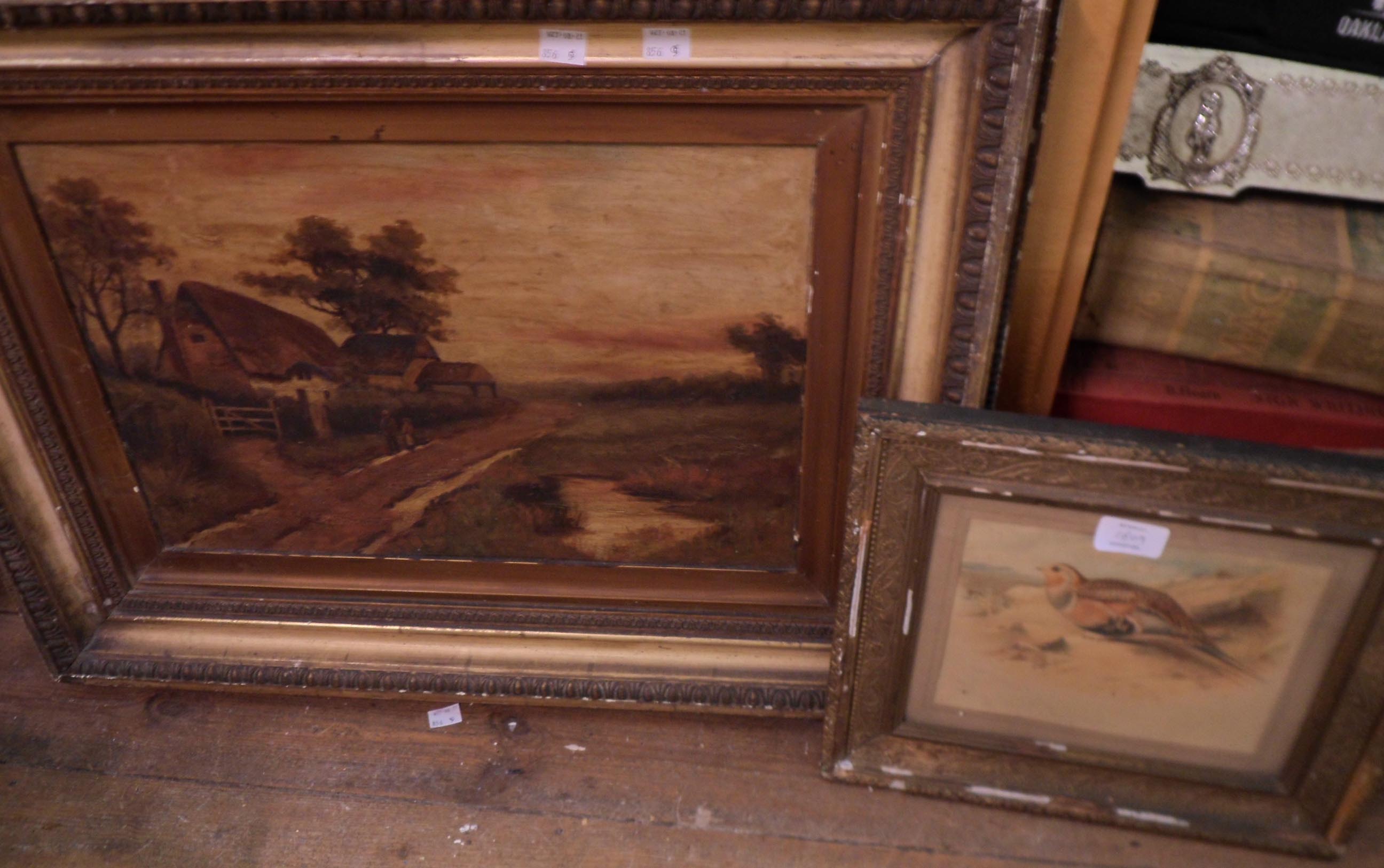 A gilt framed early 20th Century oil on board, depicting a rural farmstead - sold with a framed