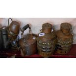 A small selection of metalware including ship style hanging lanterns, Victorian copper kettle, etc.