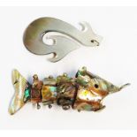 An abalone clad articulated fish pattern pendant - sold with a shell stylised dragon pattern