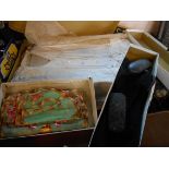 Four cardboard boxes containing assorted textile items including Victorian embroidered nightdress,