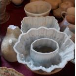 Five vintage ceramic jelly moulds including Greens chicken, Shelley castellated ring mould, etc. -