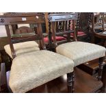 Three matching late Regency mahogany framed dining chairs with modern upholstery to seats, set on