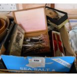 A box containing assorted collectable items including pens, Perfex enema, clock, etc.