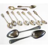 A harlequin set of six silver teaspoons, two late Georgian tablespoons and three others