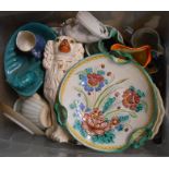 A box containing assorted ceramic items including Wedgwood fallow deer jug, Royal Copenhagen 1975