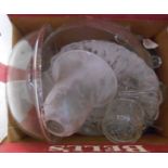 A box containing assorted glassware including bowls, preserve pot, lamp shade, etc.