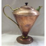 An Art Nouveau W.A.S. Benson patent copper and brass coffee pot of conical form with applied brass