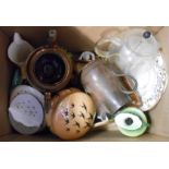 A box containing assorted ceramics and glass including Doulton & Slater jug, Denby Cottontail
