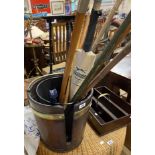 An antique brass bound and coopered plate bucket with brass swing handle and later liner -