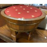 A Chinese brass bound hardwood stool with later upholstered top - formed from a baby bath