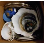 A box containing assorted ceramics including Border Fine Bone China fairy plates, etc.