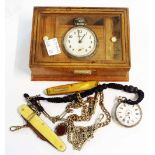 A silver cased fob watch and various watch chains - also a steel cased pocket watch in damaged