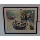 †A.B. Ibrahim: a framed painting, depicting an Eastern river scene with boats and stilted