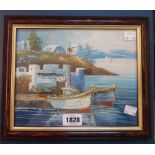 A framed acrylic painting depicting a Continental coastline with moored vessels