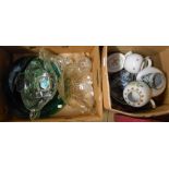 Two boxes of assorted pottery and glassware