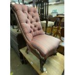 A 19th Century mahogany part show frame drawing room chair with later button back upholstery, set on