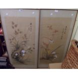 A pair of 20th Century Chinese paintings on silk both, depicting perching birds, foliage and flowers