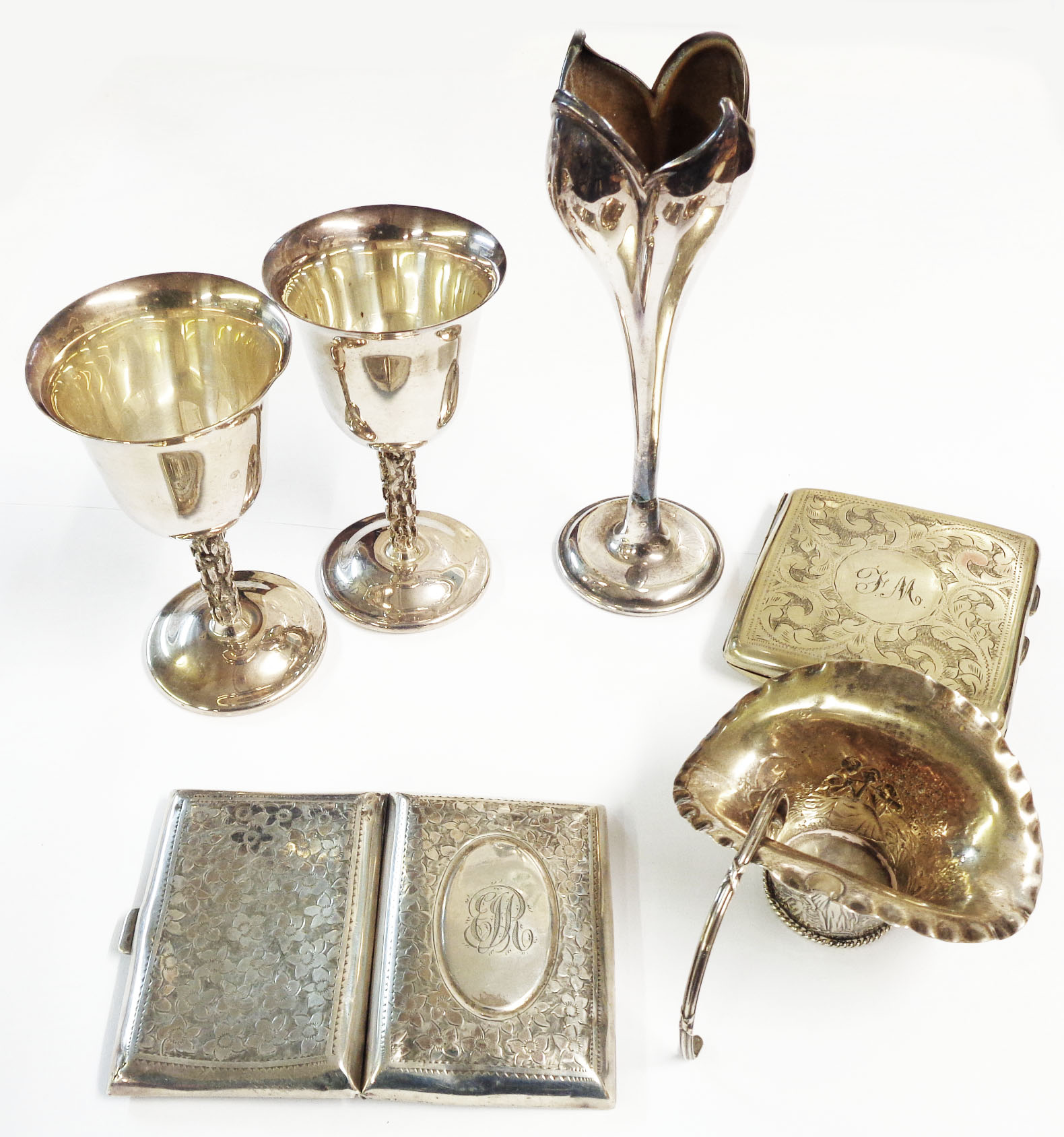 A damaged silver cigarette case and posy basket - sold with a pair of silver plated goblets, bud