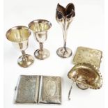 A damaged silver cigarette case and posy basket - sold with a pair of silver plated goblets, bud