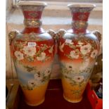 A pair of large late Satsuma vases with floral and bird decoration and mask handles - one a/f